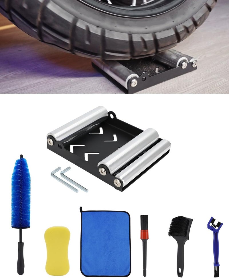 BAOUFF Motorcycle Wheel Cleaning Stand with Cleaning Brush Kit,Universal Roller Paddock for Dirt Street Bike Ebike for Tire Cleaning & Chain Lubrication(Bikes<700 lb & Tire Width<250 mm)(9PCS) - Image 1